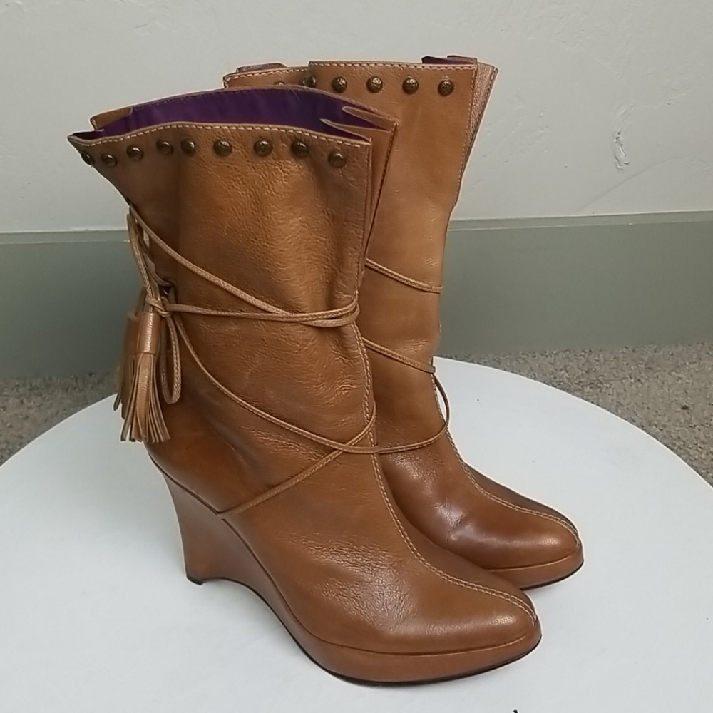 Bridget Shuster Tan Leather Lace Booties 6.5